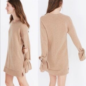 Madewell Camel Tan Tie Sleeve Sweater Dress Shift Crewneck 100% Merino Wool